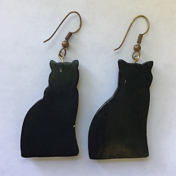 Vintage Cat Earrings Hand Painted Wood Feline Kitty - Picture 10 of 13